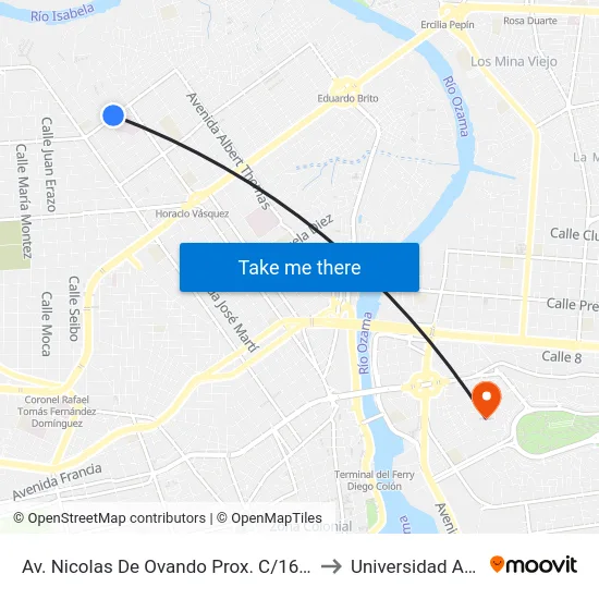Av. Nicolas De Ovando Prox. C/16 Norte to Universidad APEC map