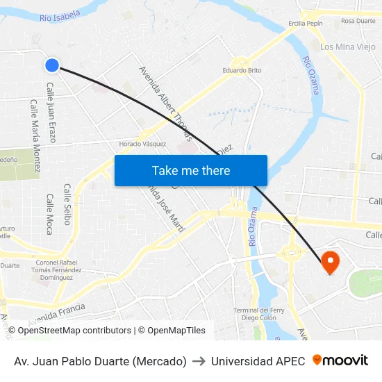 Av. Juan Pablo Duarte (Mercado) to Universidad APEC map