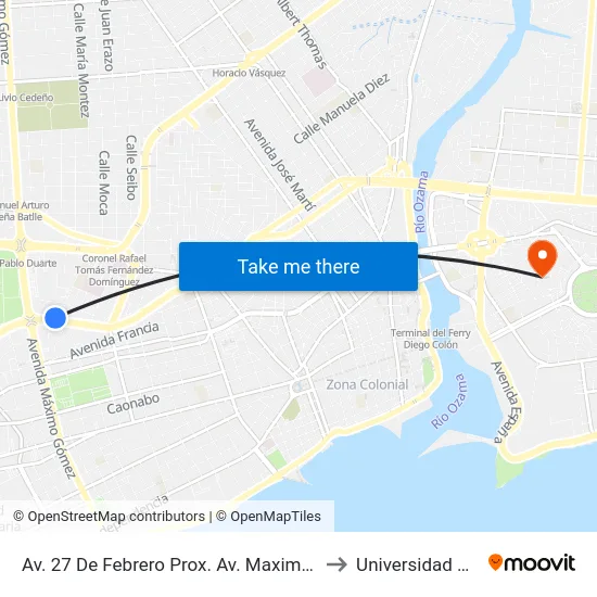Av. 27 De Febrero Prox. Av. Maximo Gomez to Universidad APEC map