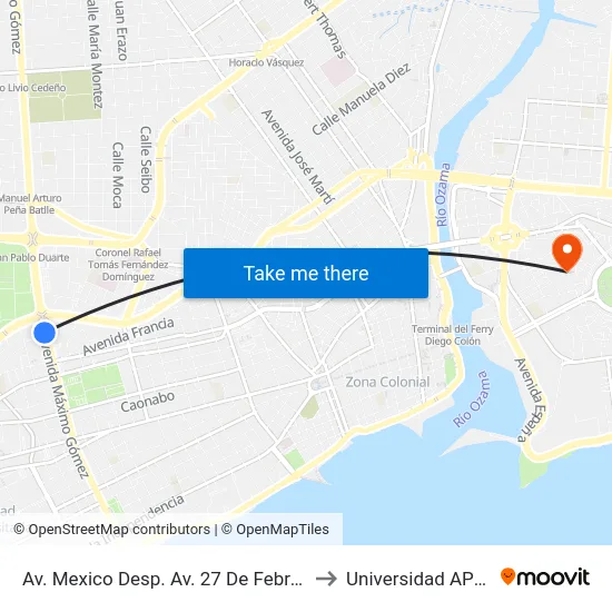 Av. Mexico Desp. Av. 27 De Febrero to Universidad APEC map