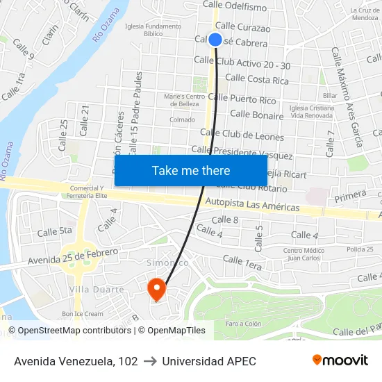 Avenida Venezuela, 102 to Universidad APEC map