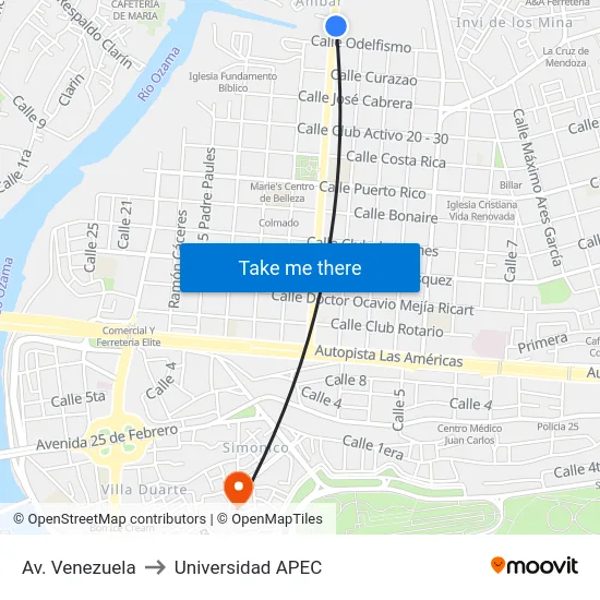 Av. Venezuela to Universidad APEC map