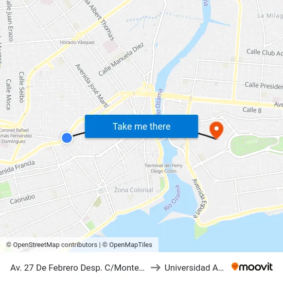 Av. 27 De Febrero Desp. C/Monte Cristi to Universidad APEC map