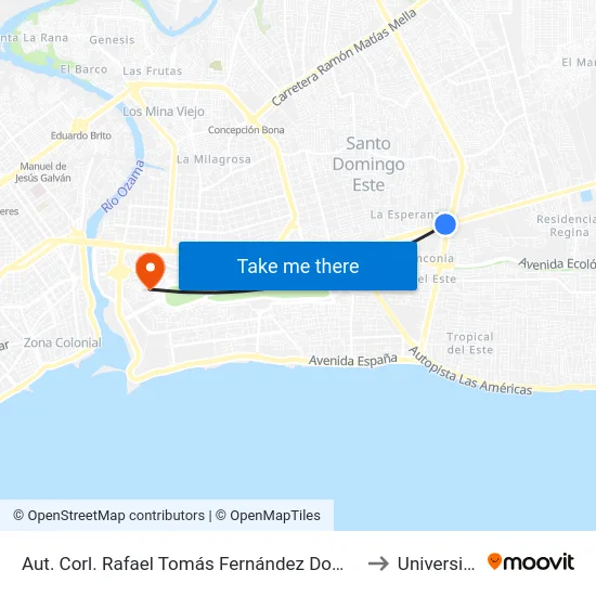 Aut. Corl. Rafael Tomás Fernández Domínguez Desp. Av. Charles De Gaulle to Universidad APEC map
