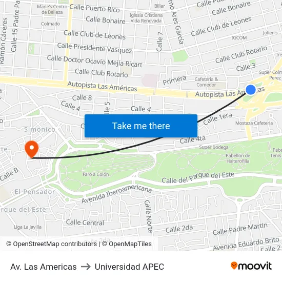 Av. Las Americas to Universidad APEC map