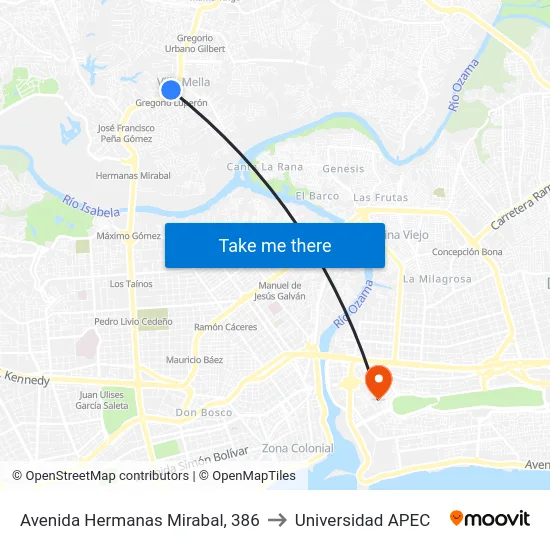 Avenida Hermanas Mirabal, 386 to Universidad APEC map