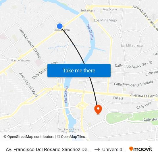 Av. Francisco Del Rosario Sánchez Desp. Av. Padre Castellanos to Universidad APEC map