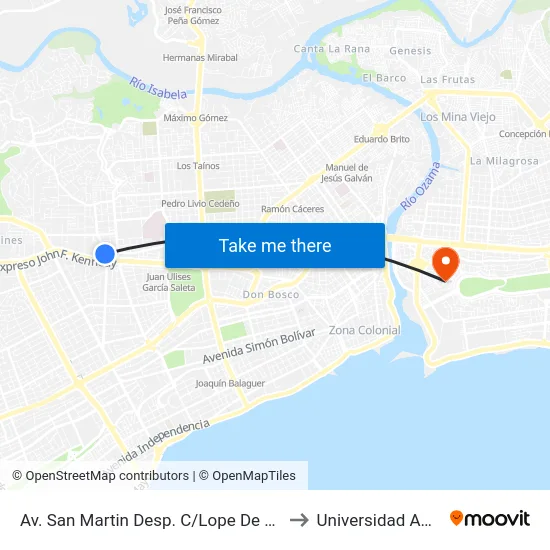 Av. San Martin Desp. C/Lope De Vega to Universidad APEC map