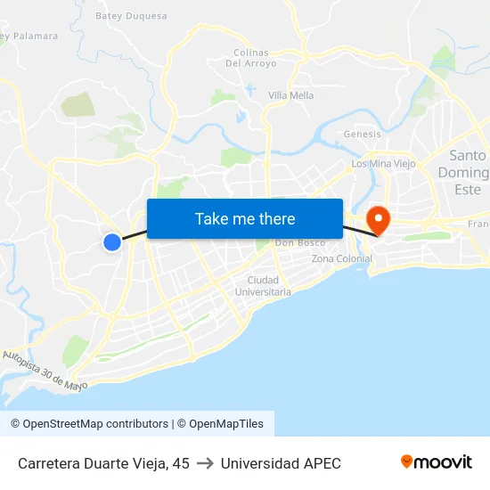 Carretera Duarte Vieja, 45 to Universidad APEC map