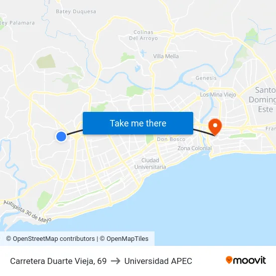 Carretera Duarte Vieja, 69 to Universidad APEC map