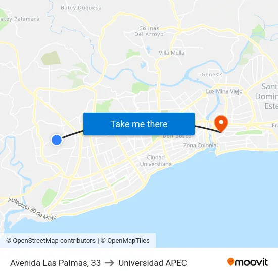 Avenida Las Palmas, 33 to Universidad APEC map