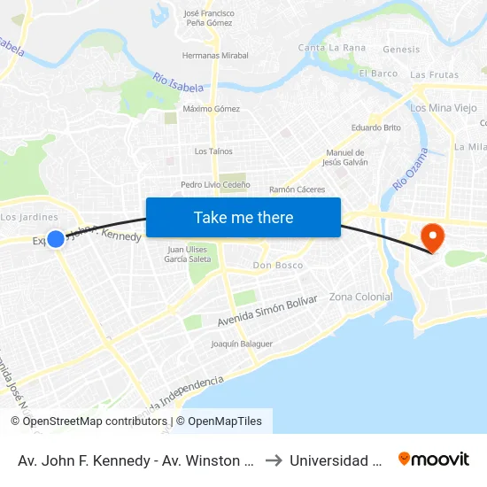 Av. John F. Kennedy - Av. Winston Churchill to Universidad APEC map