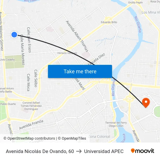 Avenida Nicolás De Ovando, 60 to Universidad APEC map