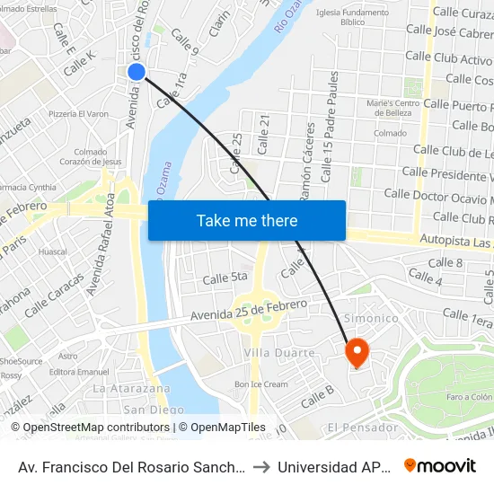 Av. Francisco Del Rosario Sanchez to Universidad APEC map
