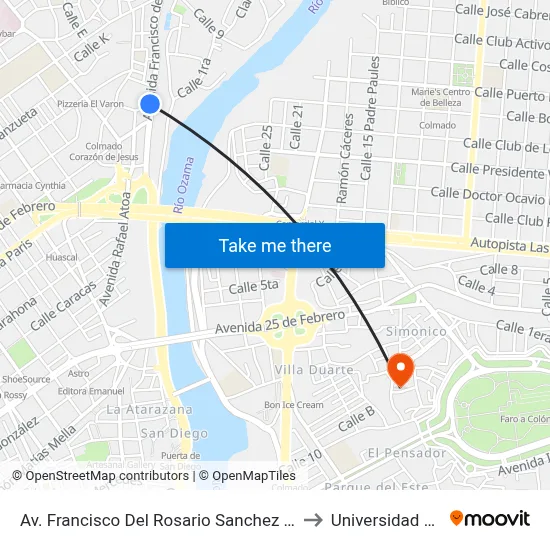 Av. Francisco Del Rosario Sanchez Prox. C/A to Universidad APEC map