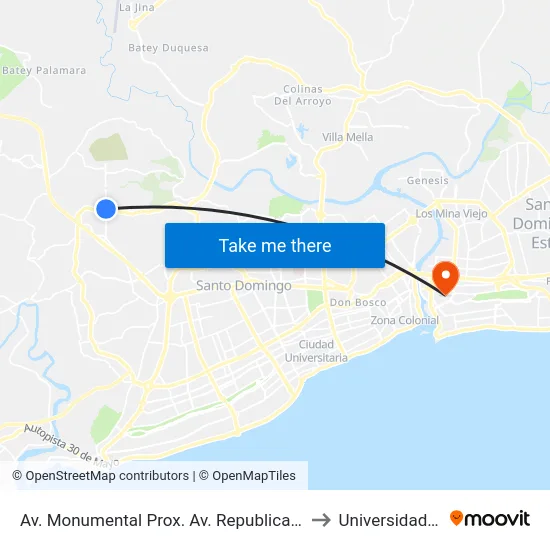 Av. Monumental Prox. Av. Republica De Colombia to Universidad APEC map