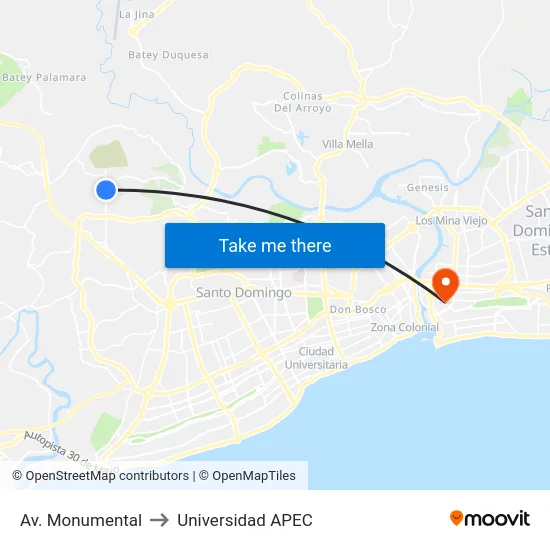 Av. Monumental to Universidad APEC map