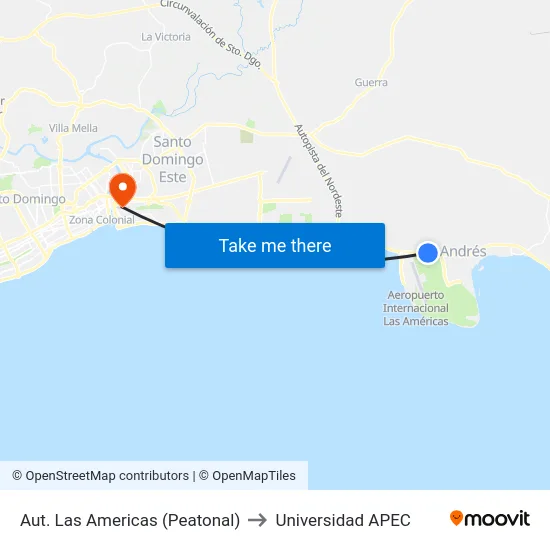 Aut. Las Americas (Peatonal) to Universidad APEC map