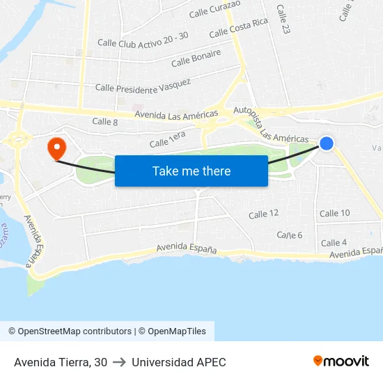 Avenida Tierra, 30 to Universidad APEC map
