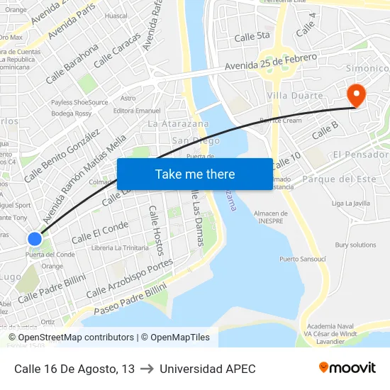 Calle 16 De Agosto, 13 to Universidad APEC map