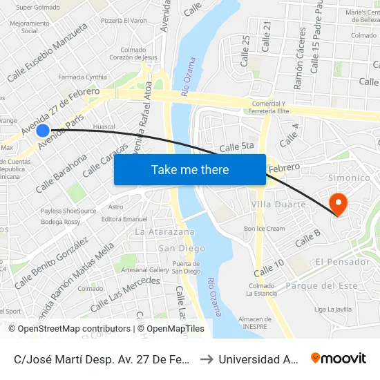 C/José Martí Desp. Av. 27 De Febrero to Universidad APEC map
