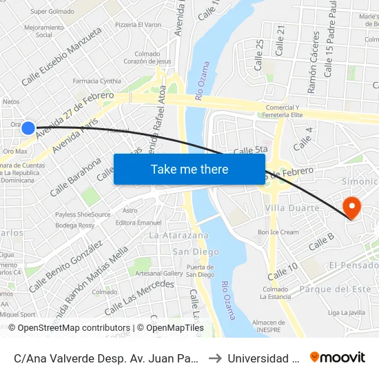 C/Ana Valverde Desp. Av. Juan Pablo Duarte to Universidad APEC map