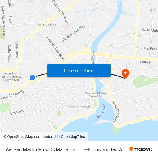 Av. San Martín Prox. C/Maria De Toledo to Universidad APEC map