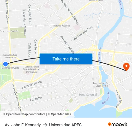 Av. John F. Kennedy to Universidad APEC map