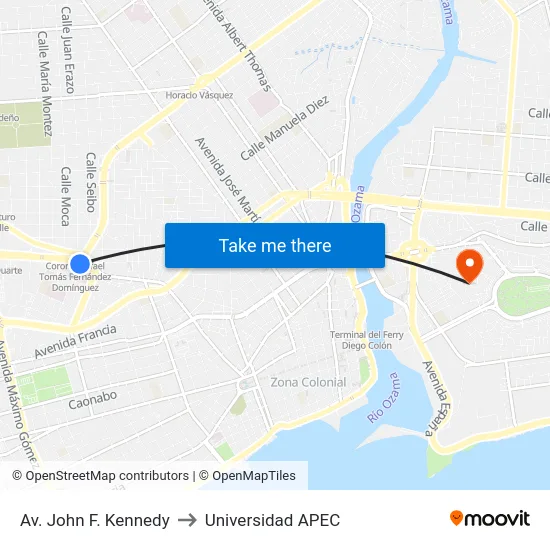 Av. John F. Kennedy to Universidad APEC map