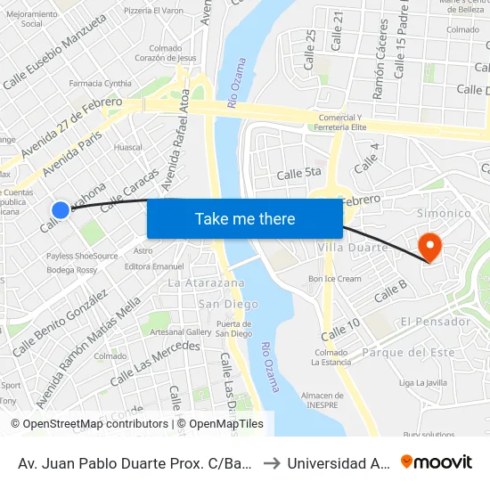 Av. Juan Pablo Duarte Prox. C/Barahona to Universidad APEC map