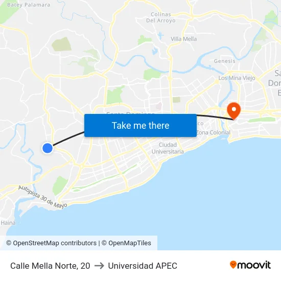 Calle Mella Norte, 20 to Universidad APEC map