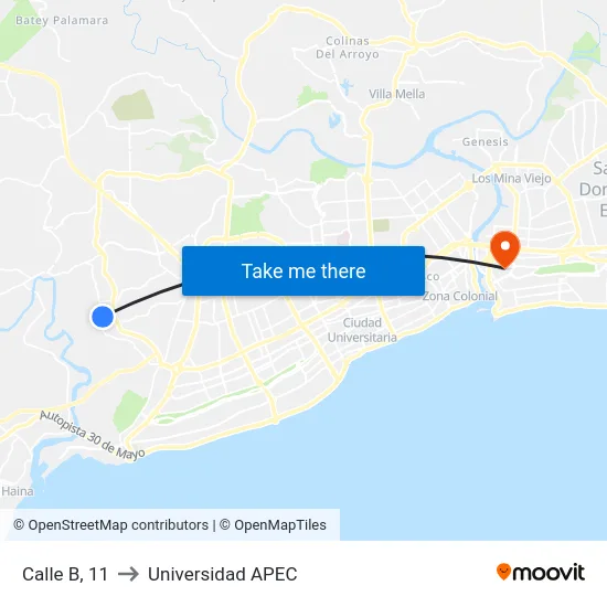 Calle B, 11 to Universidad APEC map