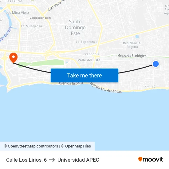 Calle Los Lirios, 6 to Universidad APEC map