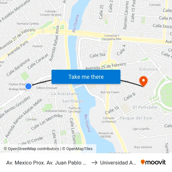 Av. Mexico Prox. Av. Juan Pablo Duarte to Universidad APEC map