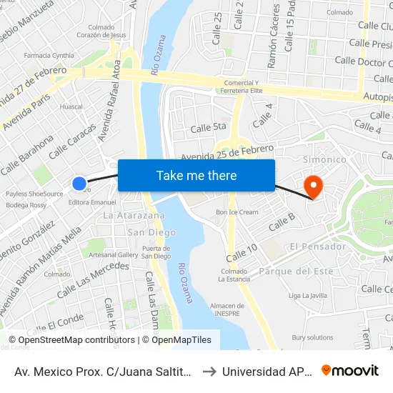 Av. Mexico Prox. C/Juana Saltitopa to Universidad APEC map