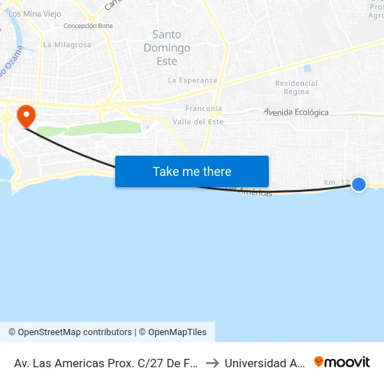 Av. Las Americas Prox. C/27 De Febrero to Universidad APEC map