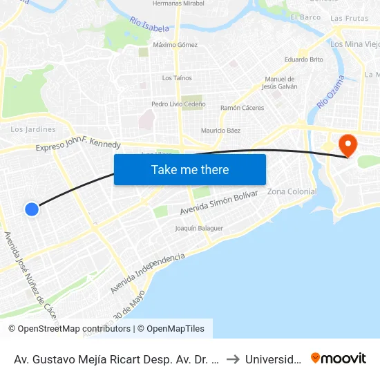 Av. Gustavo Mejía Ricart Desp. Av. Dr. Fernando Alberto Defilló to Universidad APEC map