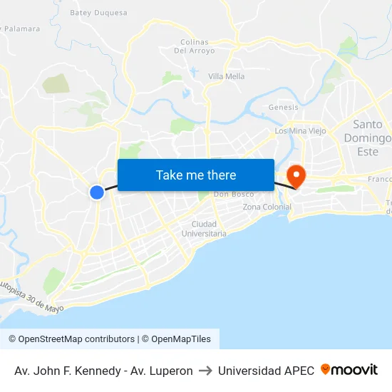 Av. John F. Kennedy - Av. Luperon to Universidad APEC map