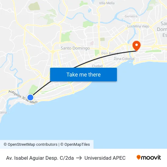 Av. Isabel Aguiar Desp. C/2da to Universidad APEC map