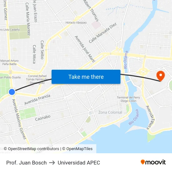 Prof. Juan Bosch to Universidad APEC map