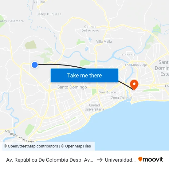 Av. República De Colombia Desp. Av. De La Realeza to Universidad APEC map