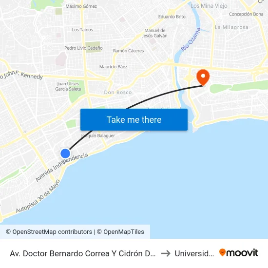 Av. Doctor Bernardo Correa Y Cidrón Desp. C/Ing. Huascar Tejeda to Universidad APEC map