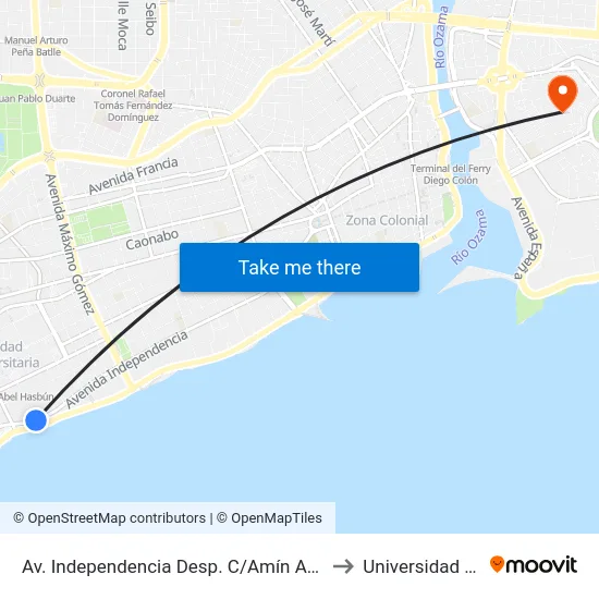 Av. Independencia Desp. C/Amín Abel Hasbún to Universidad APEC map