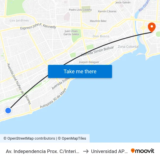 Av. Independencia Prox. C/Interior A to Universidad APEC map