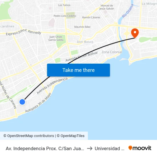 Av. Independencia Prox. C/San Juan Bautista to Universidad APEC map