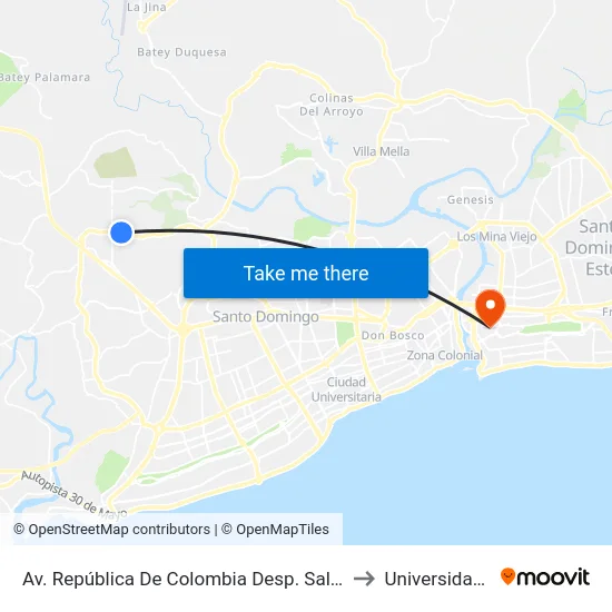 Av. República De Colombia Desp. Salida Ciudad Real 1 to Universidad APEC map