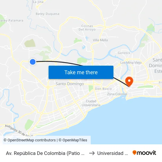 Av. República De Colombia (Patio Colombia) to Universidad APEC map