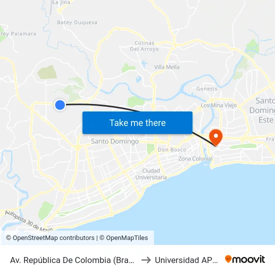 Av. República De Colombia (Bravo) to Universidad APEC map
