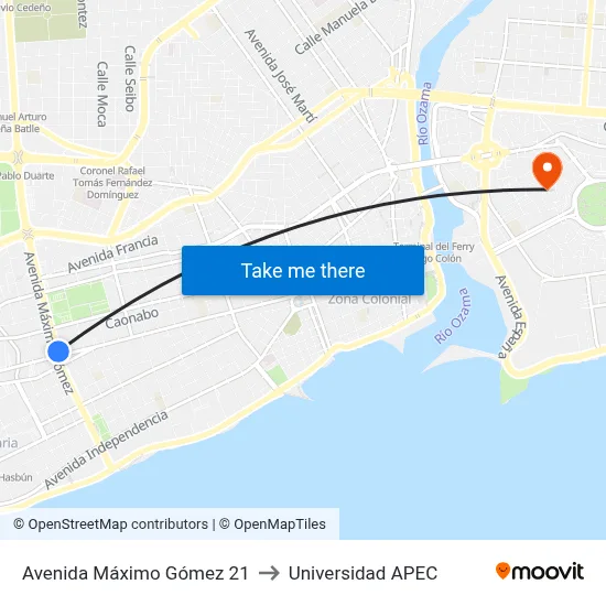 Avenida Máximo Gómez 21 to Universidad APEC map