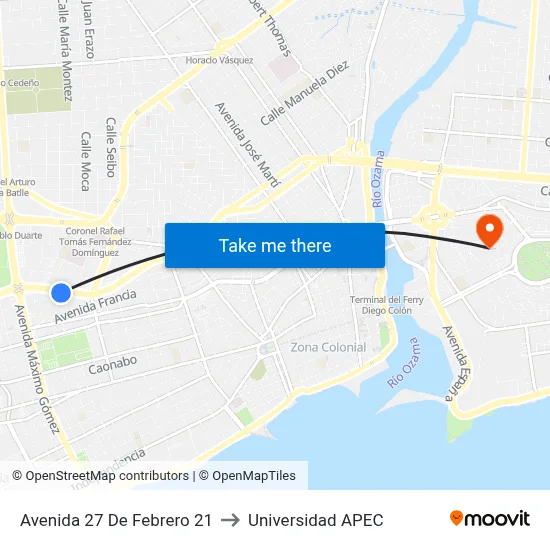 Avenida 27 De Febrero 21 to Universidad APEC map